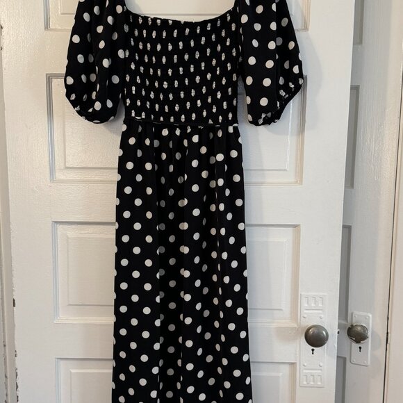 ASOS Lola May Black & White Polka Dot Shirred Ruffled Maxi Dress - sz 14 - Picture 4 of 8